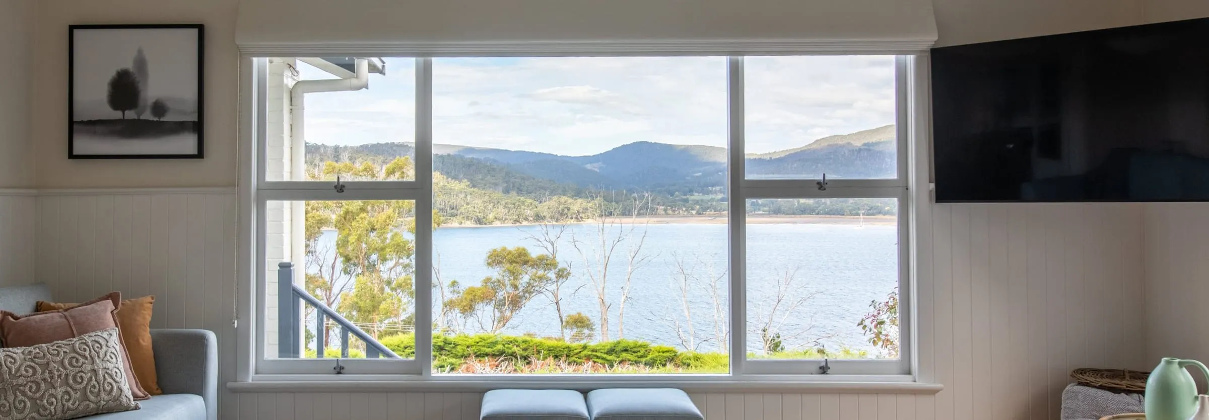 Bay and mountain view through the living room window